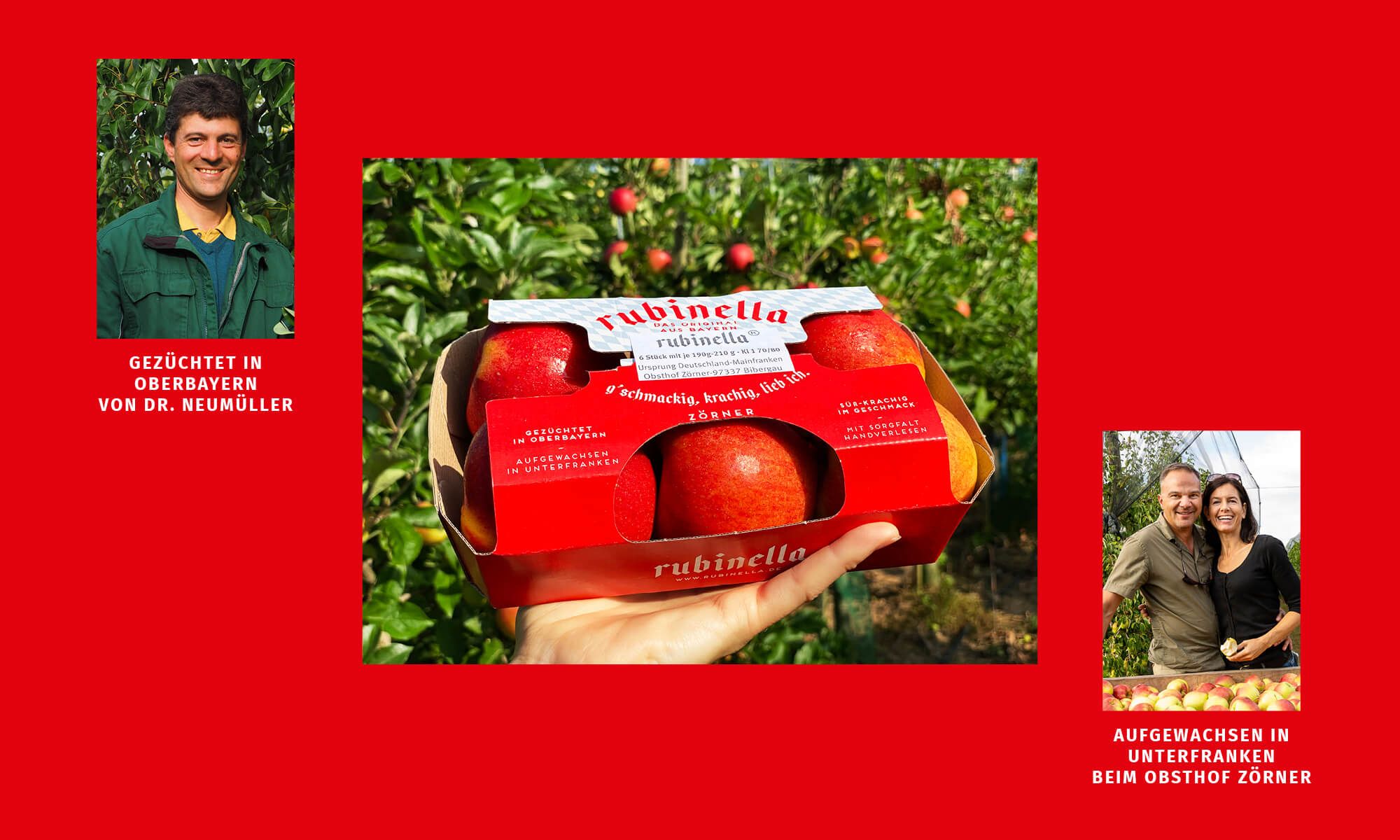 Collage mit der Rubinella Verpackung und Fotos von Dr. Neumüller und Christian und Gabi Zörner vom Obsthof Zörner Rubinella Verpackung mit Foto von Dr. Neumüller und Christian und Gabi Zörner